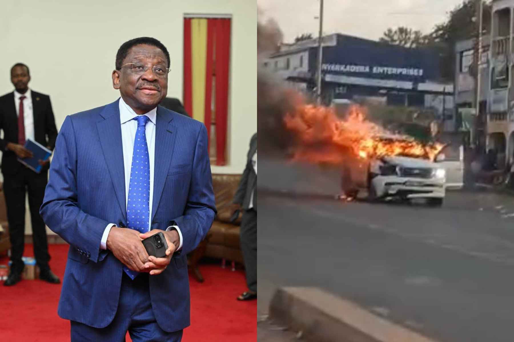 Collage photo of James Orengo and his vehicle that was torched in Migori.